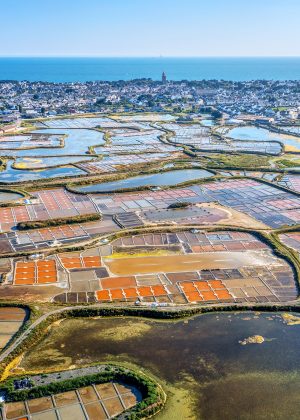Aerial view of the salt marshes of Guerande by Batz-sur-Mer town, famous for its production of the grey salt of Guerande, Atlantic coast of France